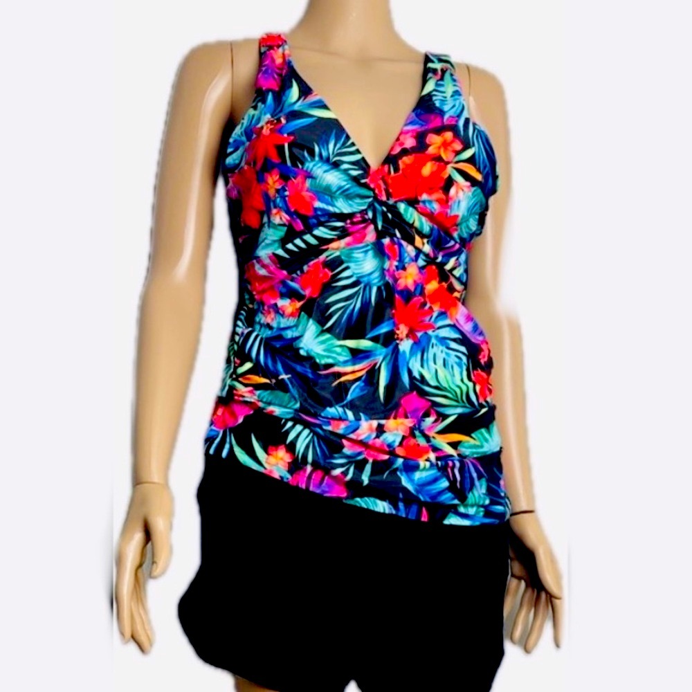 NWT Tankini Tropical Print Bikini Top Matching Black Swim Shorts with Pockets! - Picture 2 of 14